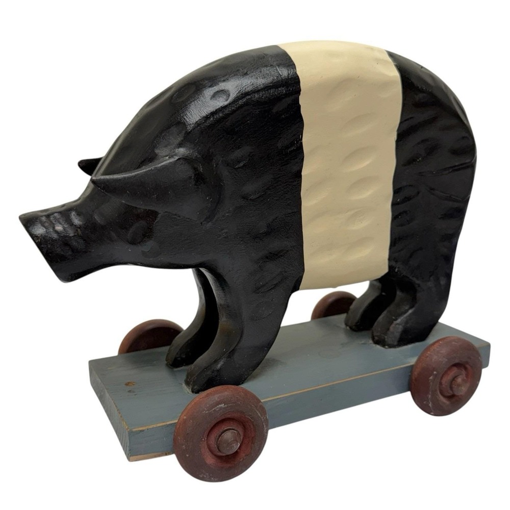 Vintage Handcarved Wooden Painted Pig Piggy Folk Art On Wheels Cute Decor 10"